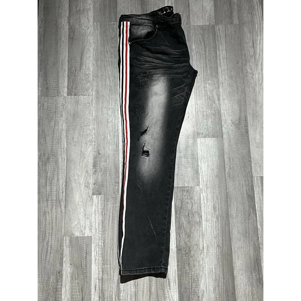 Kilogram Mens Distressed Side Stripe Jeans Black Red White Streetwear Size 42